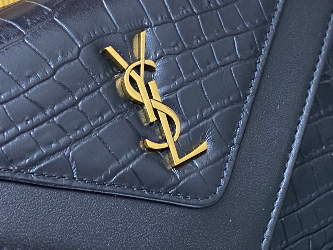 Saint Laurent Cassandra Medium Shoulder Bag in Crocodile-Embossed Leather - Black