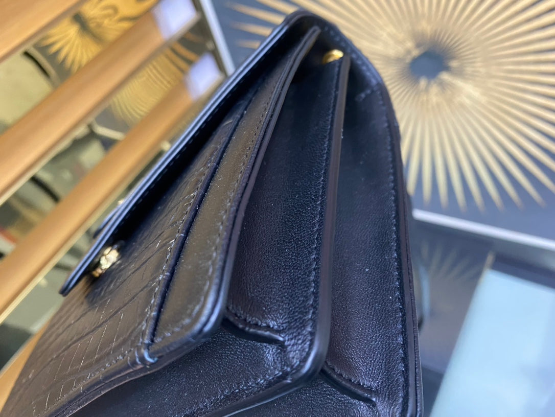 Saint Laurent Cassandra Medium Shoulder Bag in Crocodile-Embossed Leather - Black
