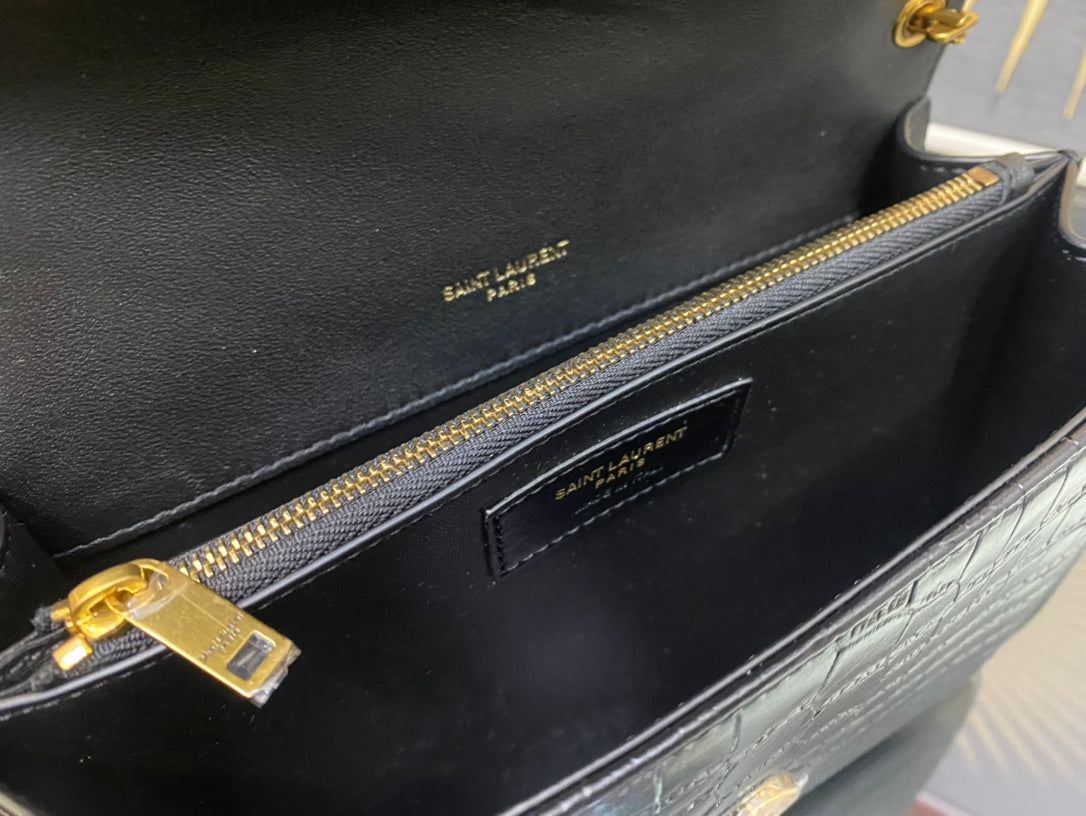Saint Laurent Cassandra Medium Shoulder Bag in Crocodile-Embossed Leather - Black