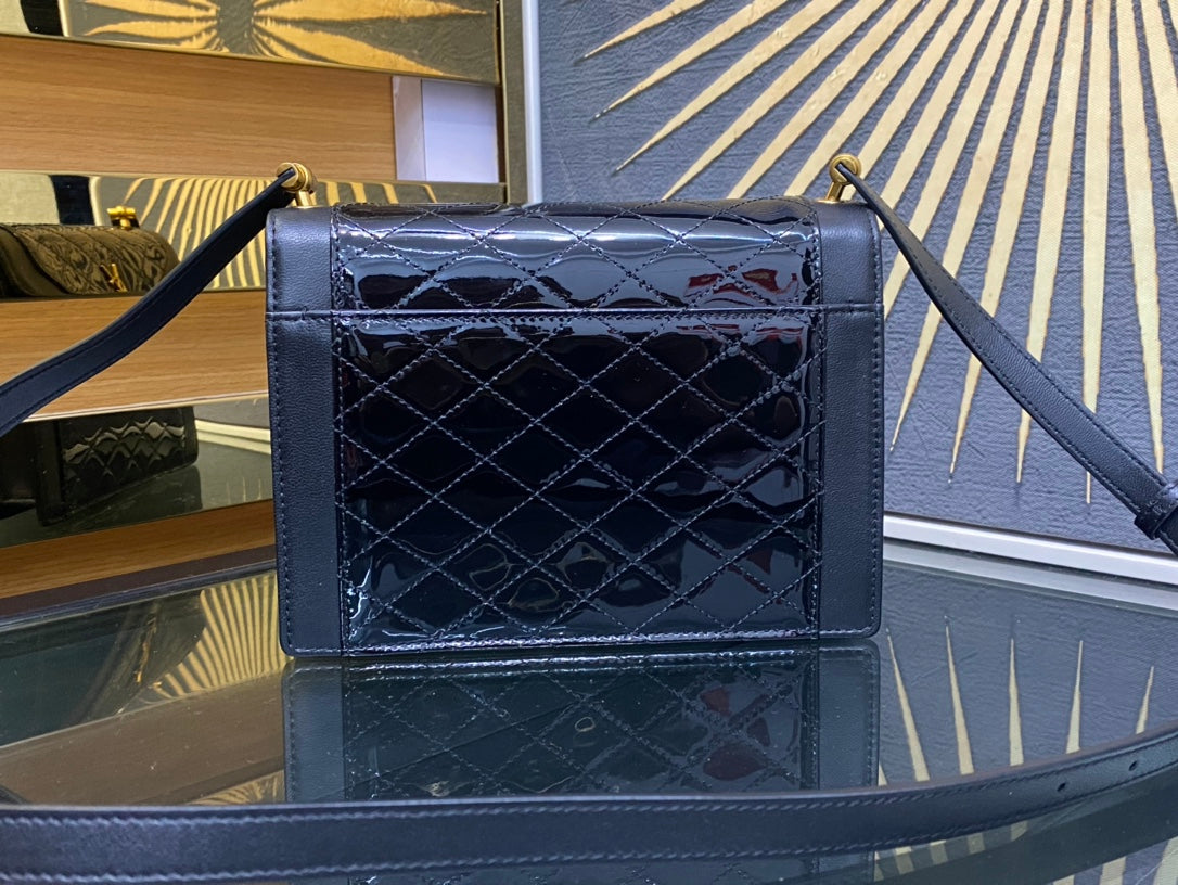 Saint Laurent Cassandra Black Patent Leather Lattice Shoulder Bag