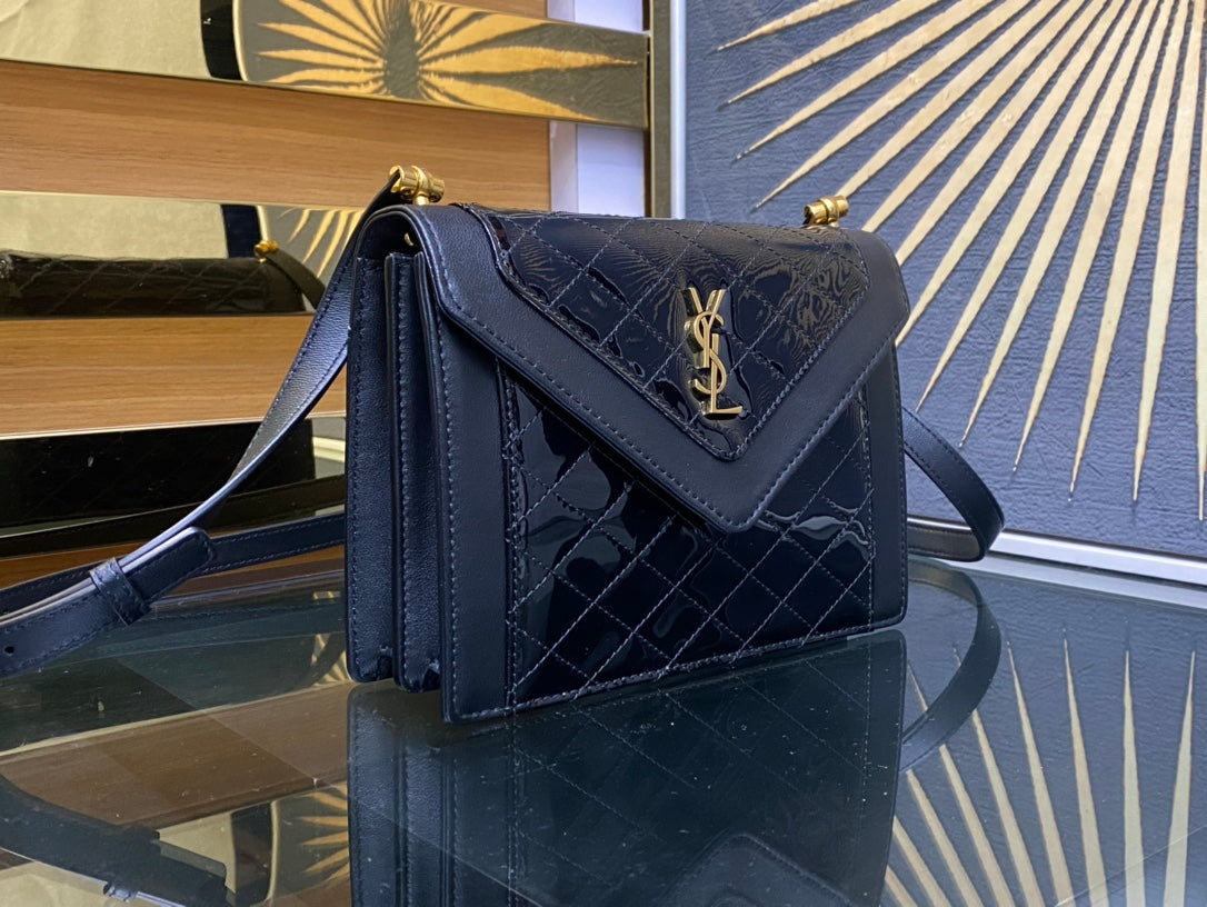 Saint Laurent Cassandra Black Patent Leather Lattice Shoulder Bag