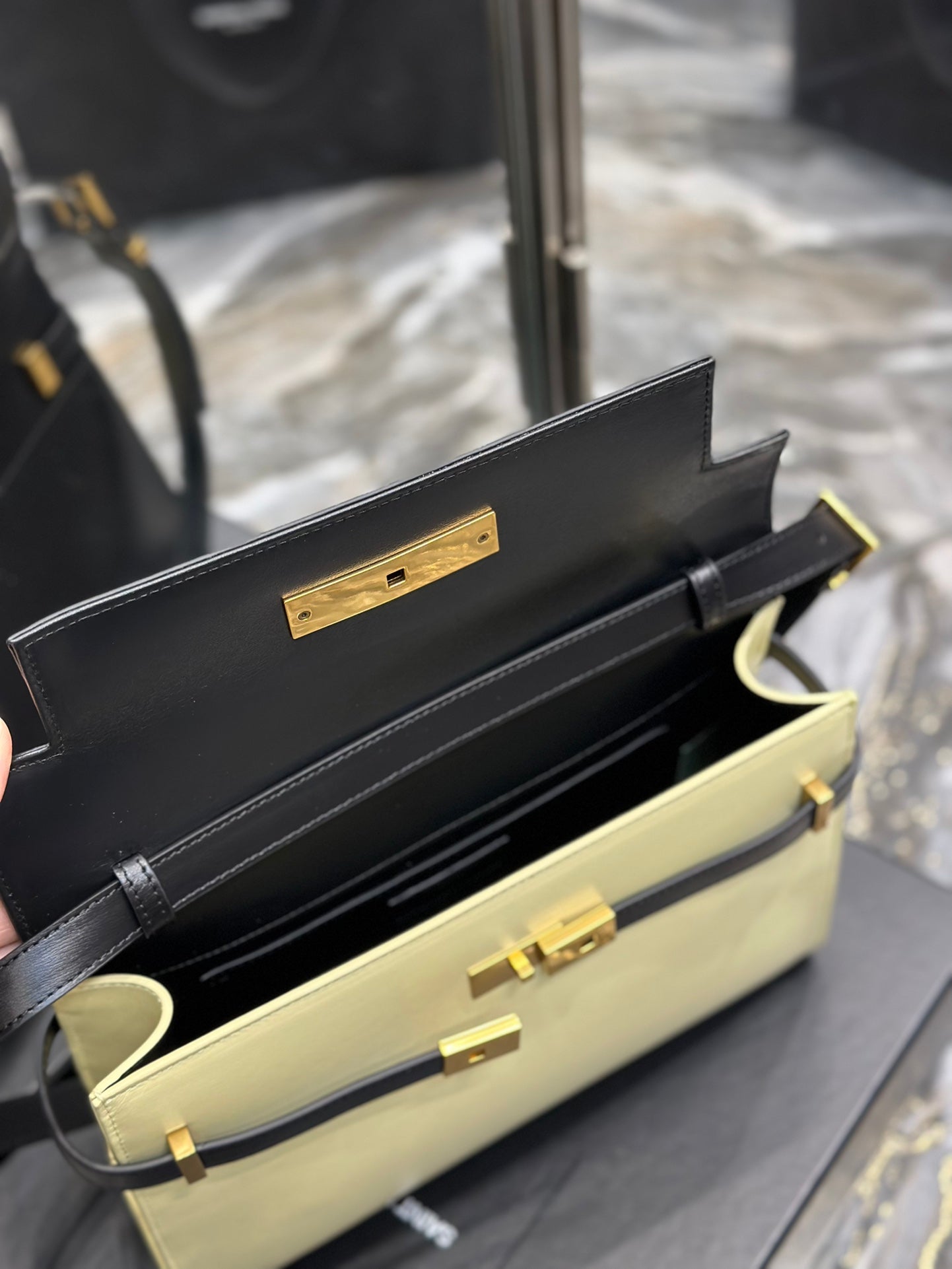 Two-Tone Leather Shoulder Bag - Black and Cream with Gold-Tone Clasp