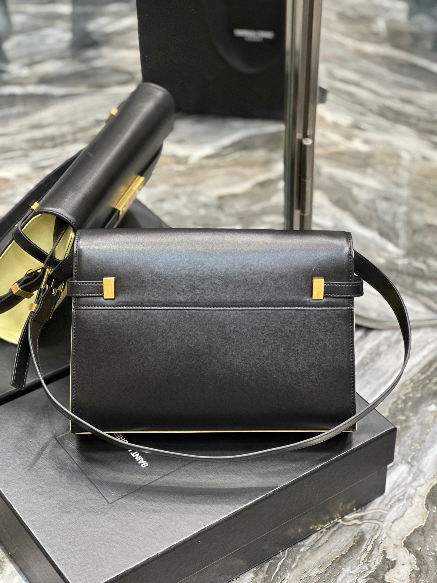 Two-Tone Leather Shoulder Bag - Black and Cream with Gold-Tone Clasp