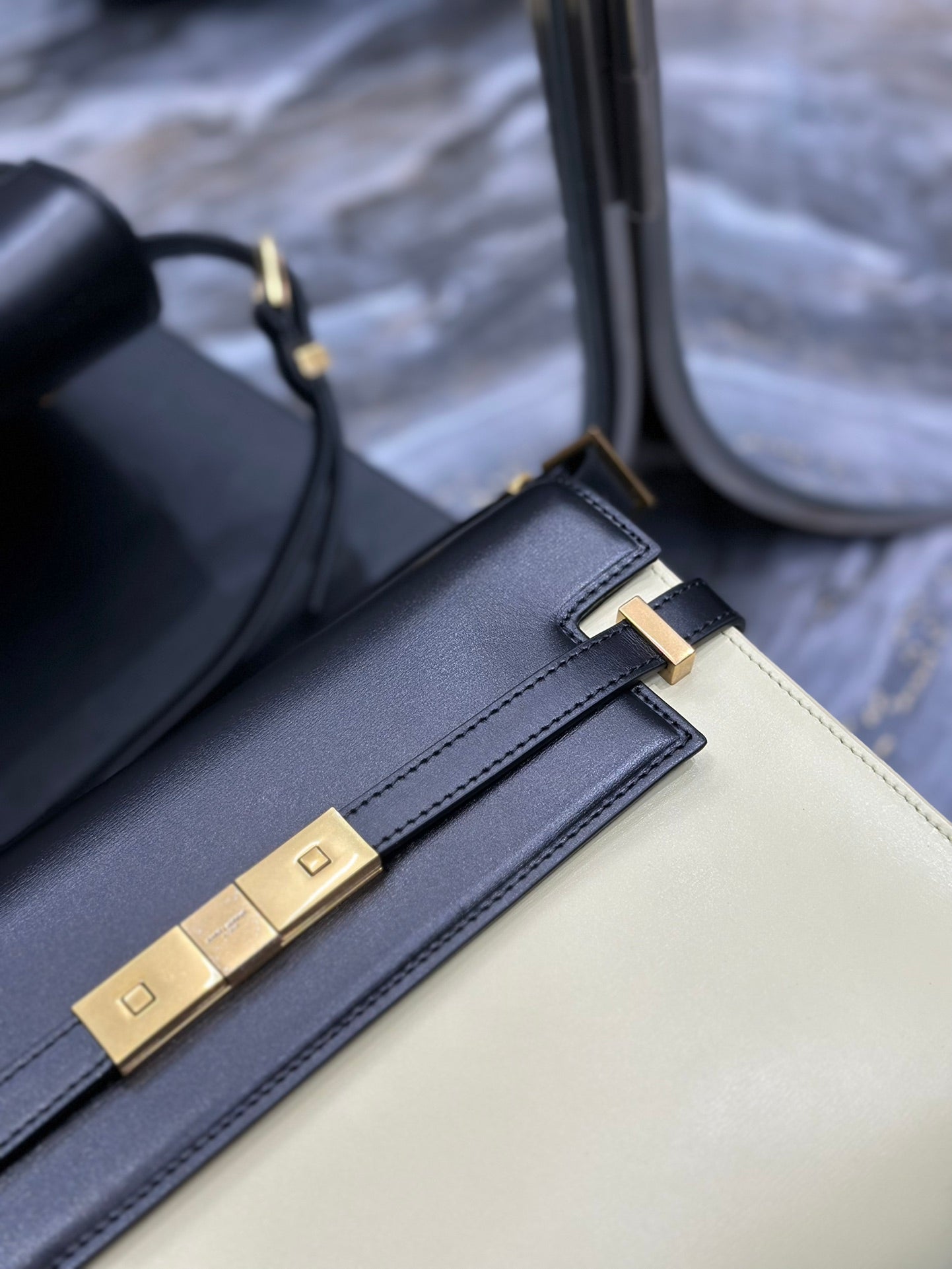 Two-Tone Leather Shoulder Bag - Black and Cream with Gold-Tone Clasp