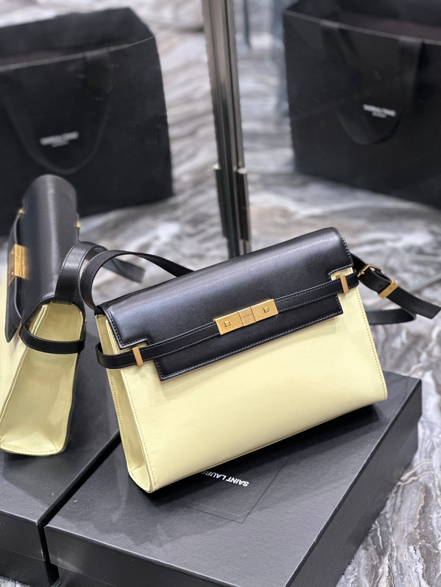Two-Tone Leather Shoulder Bag - Black and Cream with Gold-Tone Clasp