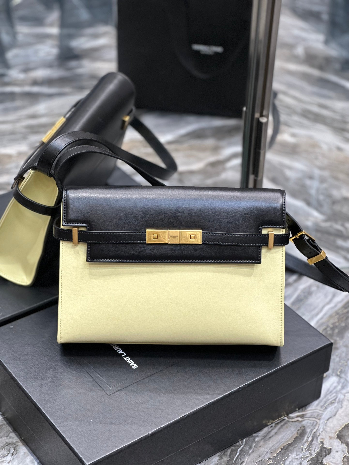 Two-Tone Leather Shoulder Bag - Black and Cream with Gold-Tone Clasp
