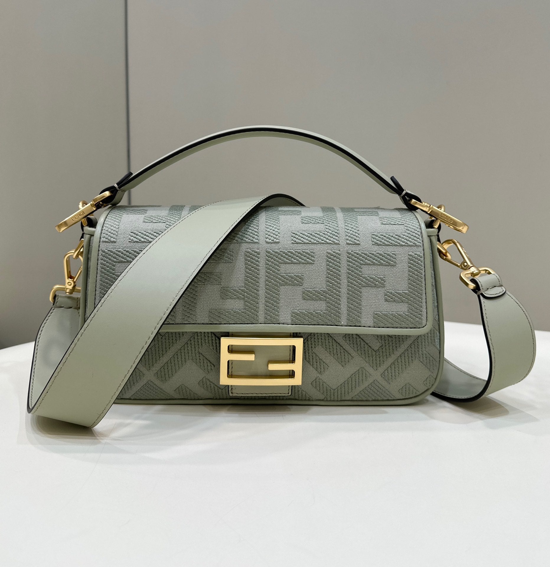 Fendi Baguette FF Embossed Fabric Shoulder Bag - Sage Green