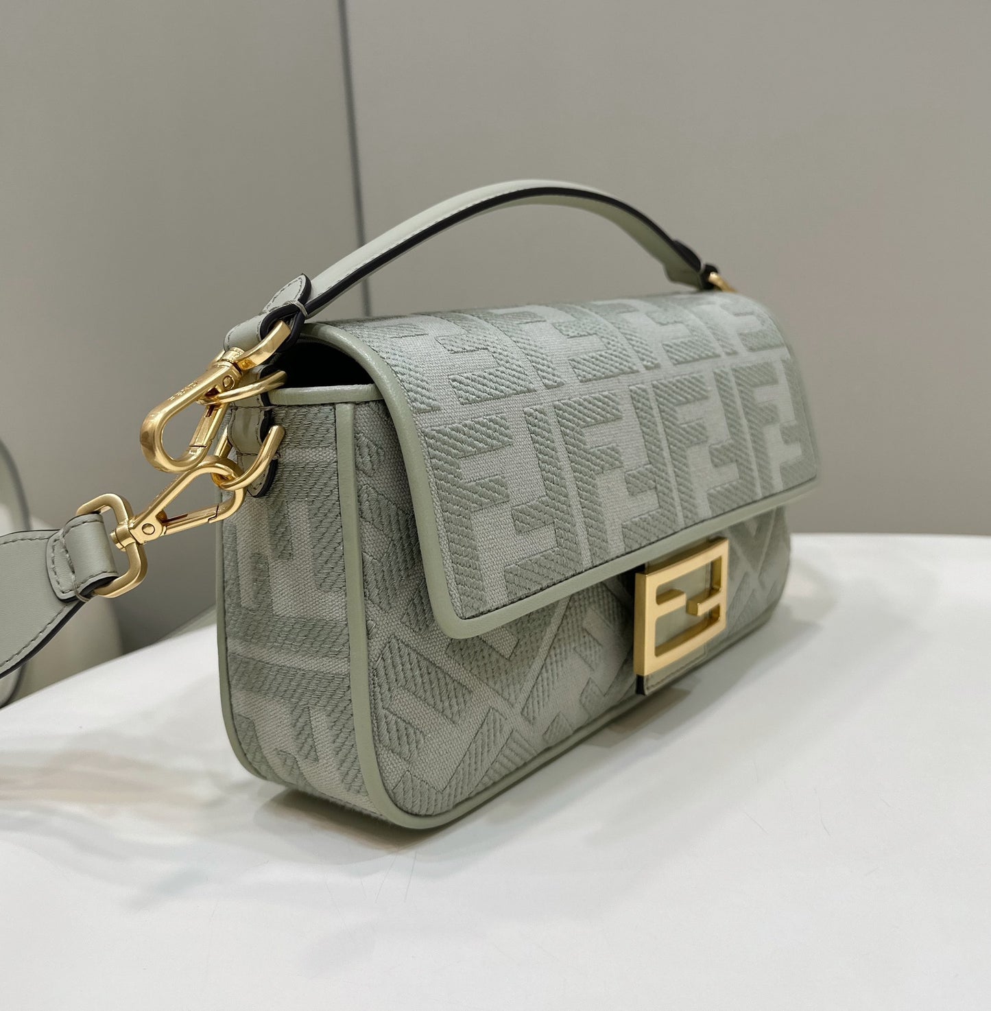 Fendi Baguette FF Embossed Fabric Shoulder Bag - Sage Green