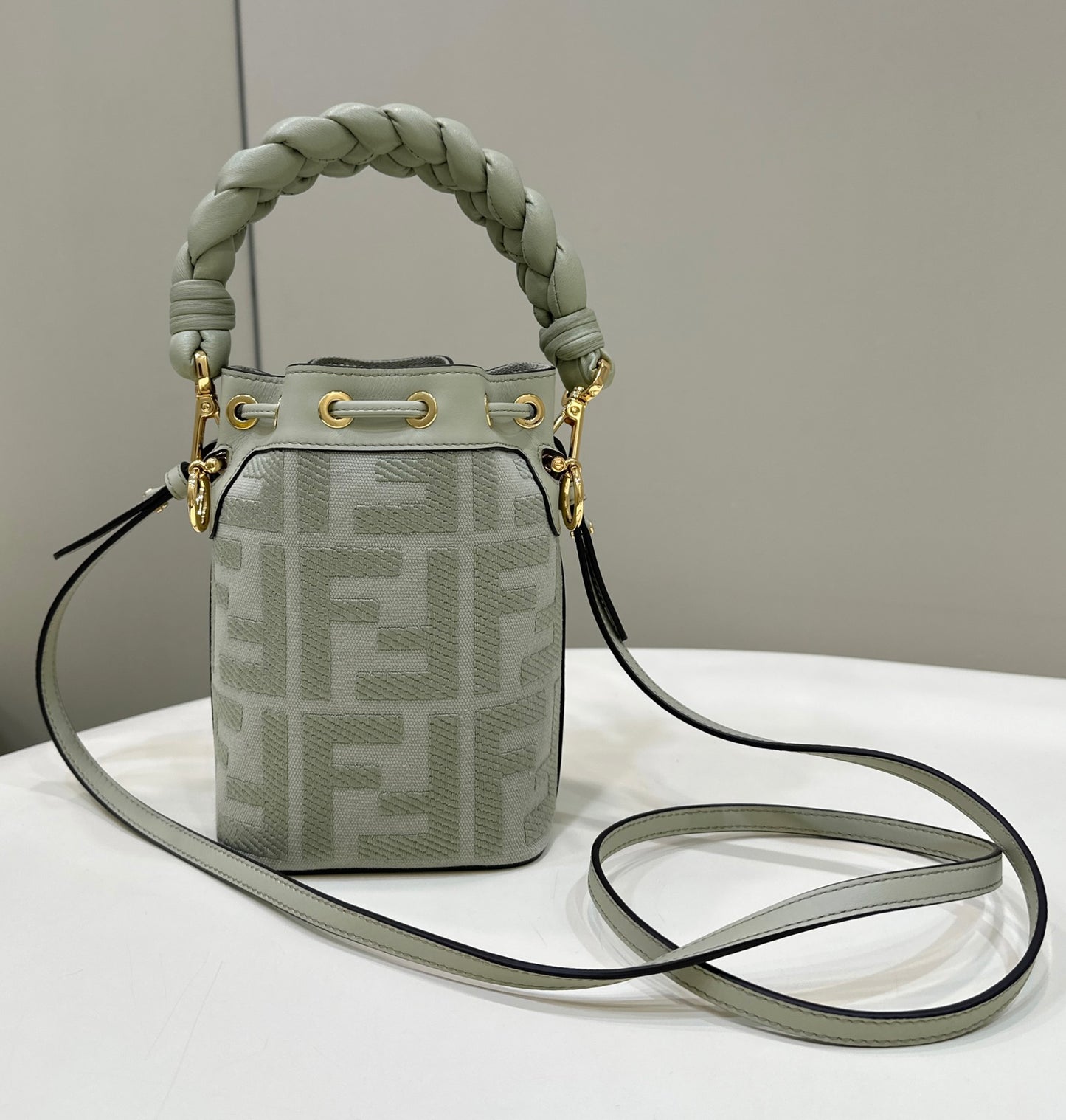Fendi Mon Tresor Mini Bucket Bag in Mint Green Leather with Braided Handle