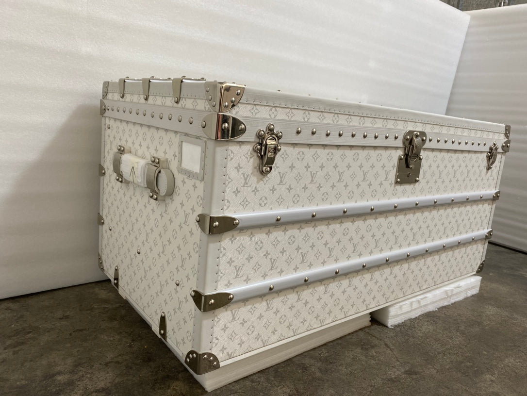 Vintage White Patterned Storage Trunk with Gold Hardware