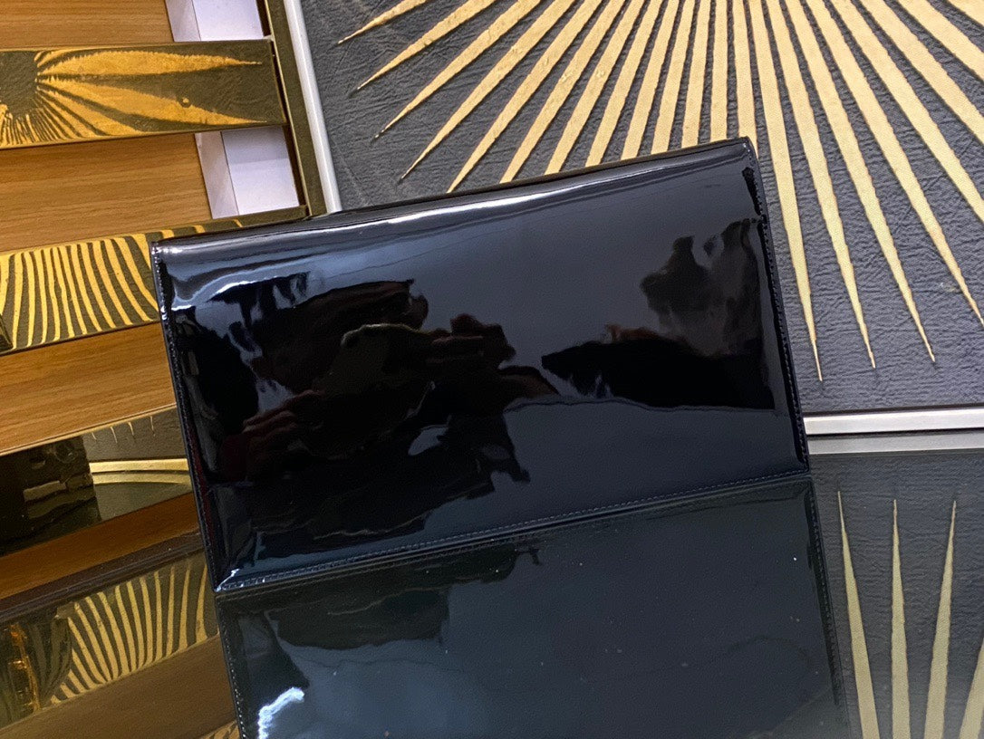 Saint Laurent Uptown Pouch in Black Patent Leather with Gold Logo