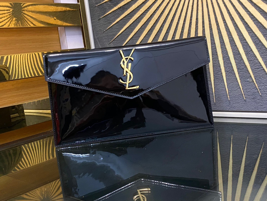 Saint Laurent Uptown Pouch in Black Patent Leather with Gold Logo