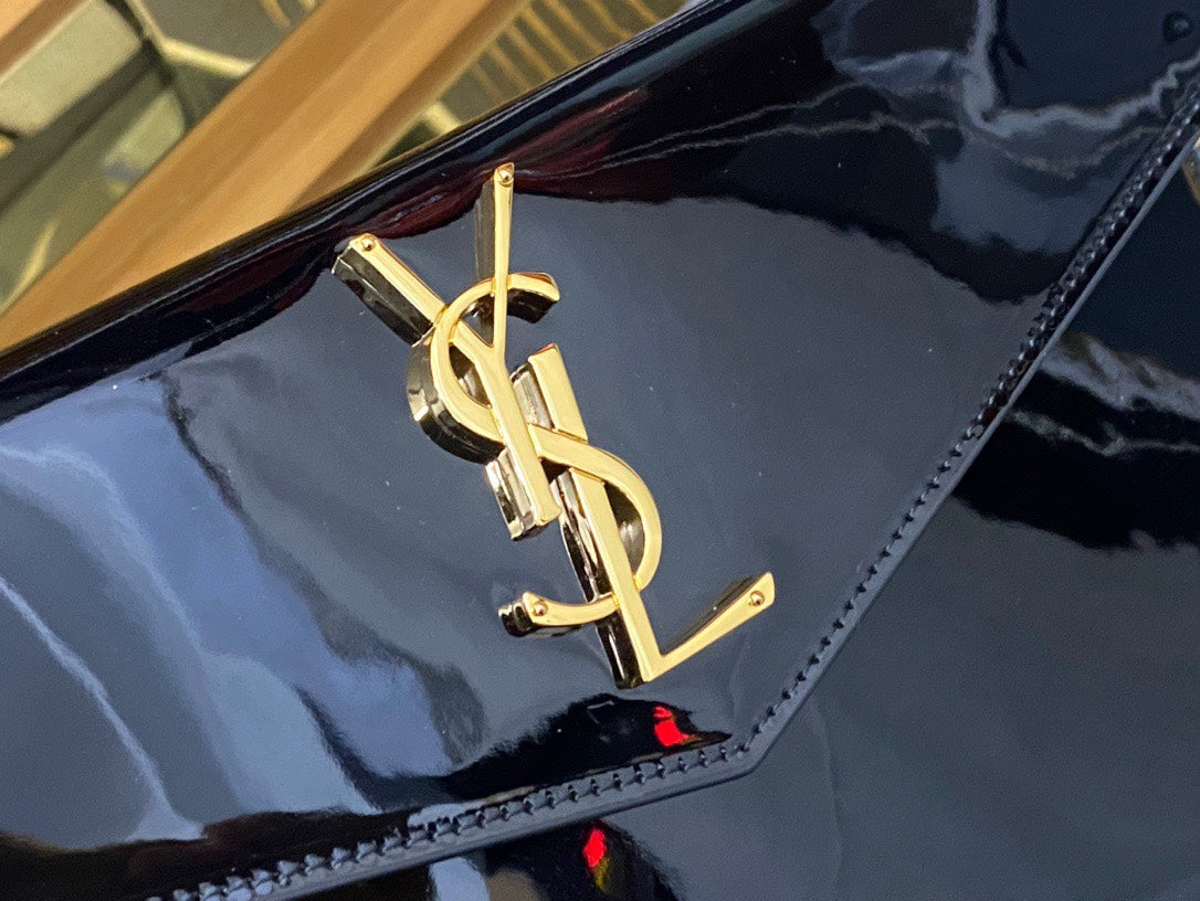 Saint Laurent Uptown Pouch in Black Patent Leather with Gold Logo