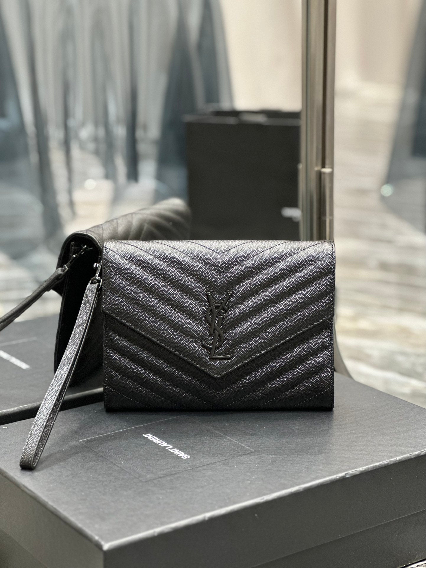 Saint Laurent Cassandre Matelassé Quilted Leather Pouch with Wristlet - Black