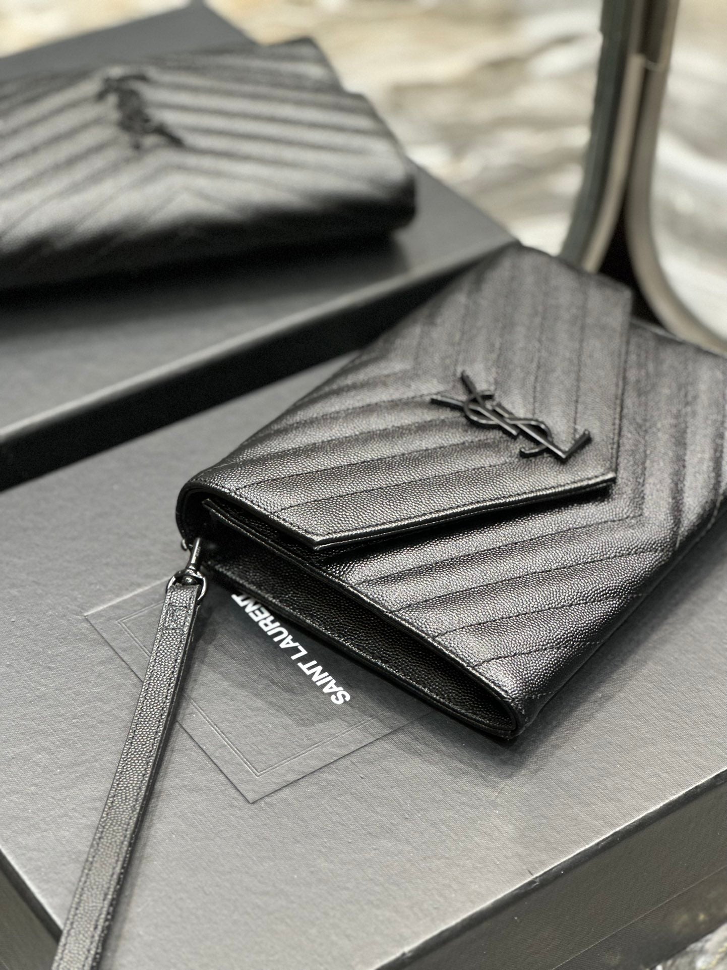Saint Laurent Cassandre Matelassé Quilted Leather Pouch with Wristlet - Black