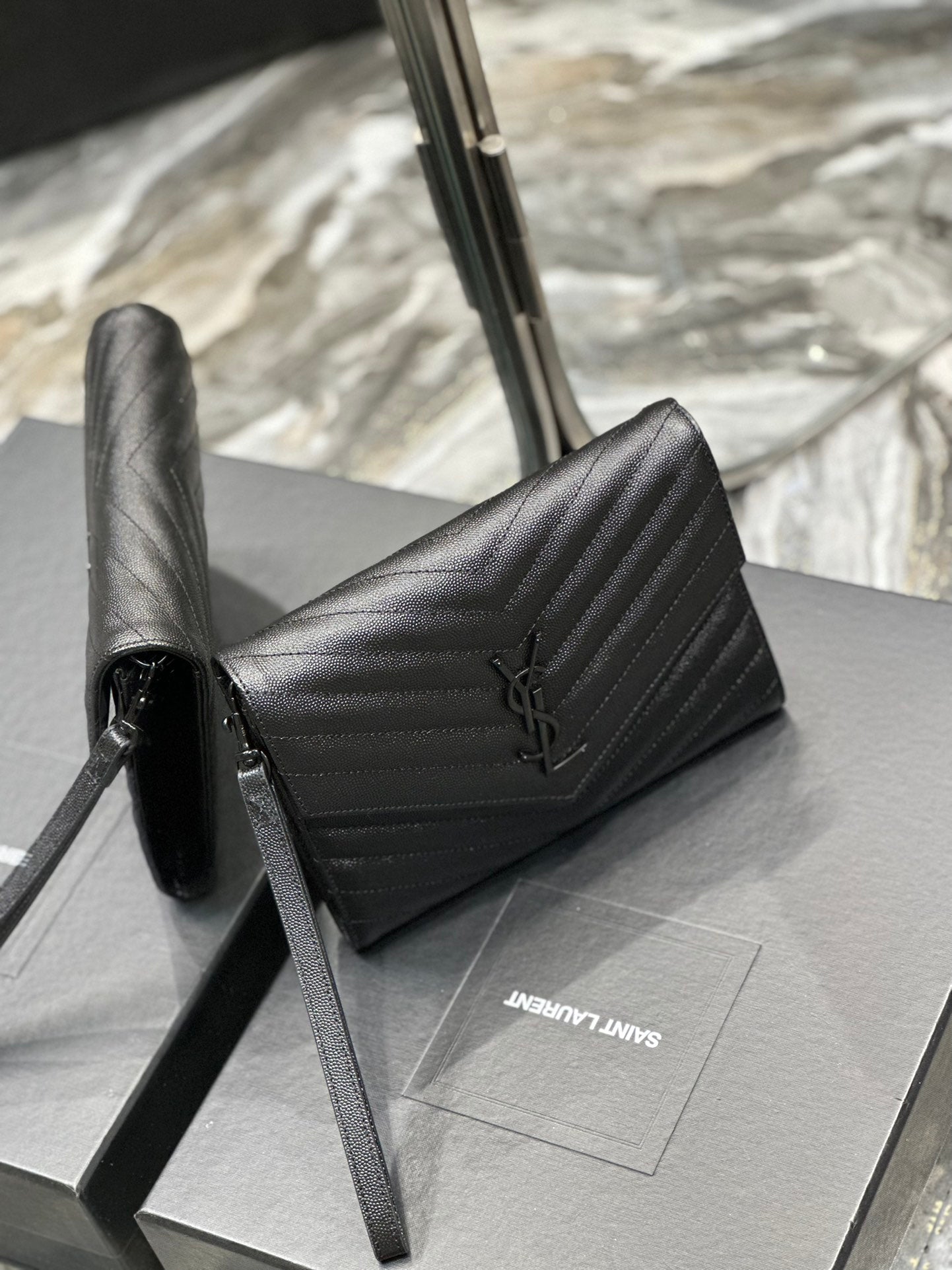 Saint Laurent Cassandre Matelassé Quilted Leather Pouch with Wristlet - Black