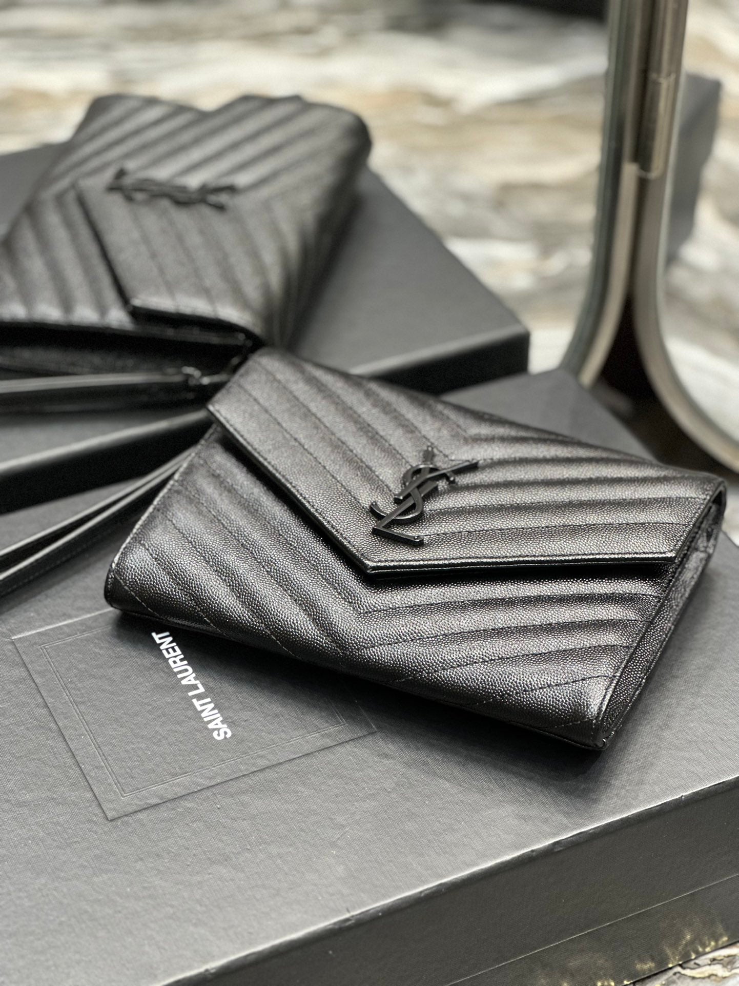 Saint Laurent Cassandre Matelassé Quilted Leather Pouch with Wristlet - Black