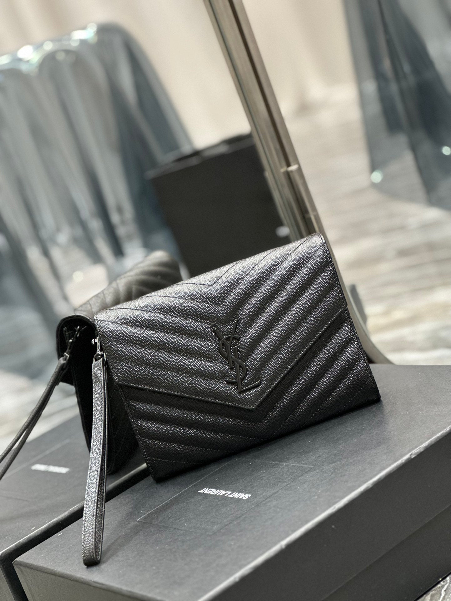 Saint Laurent Cassandre Matelassé Quilted Leather Pouch with Wristlet - Black