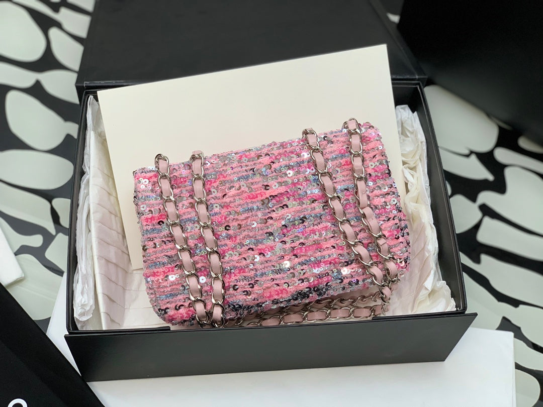 Chanel Pink Tweed Mini Flap Bag with Silver-Tone Hardware