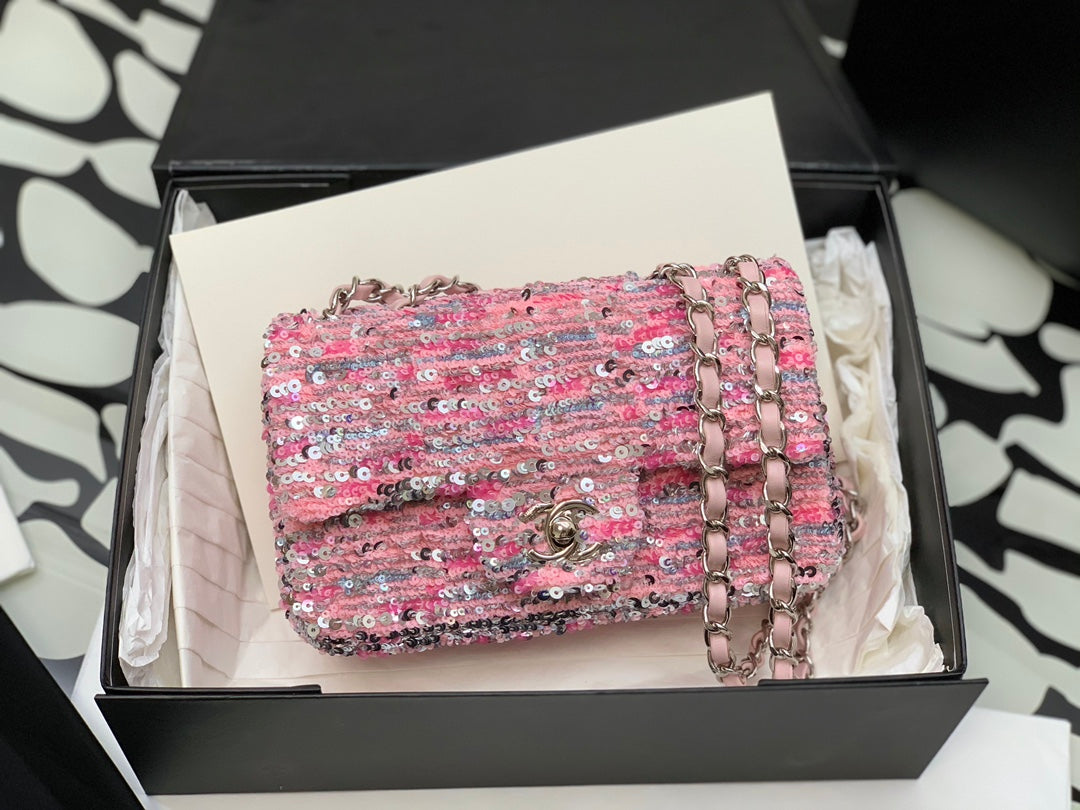 Chanel Pink Tweed Mini Flap Bag with Silver-Tone Hardware
