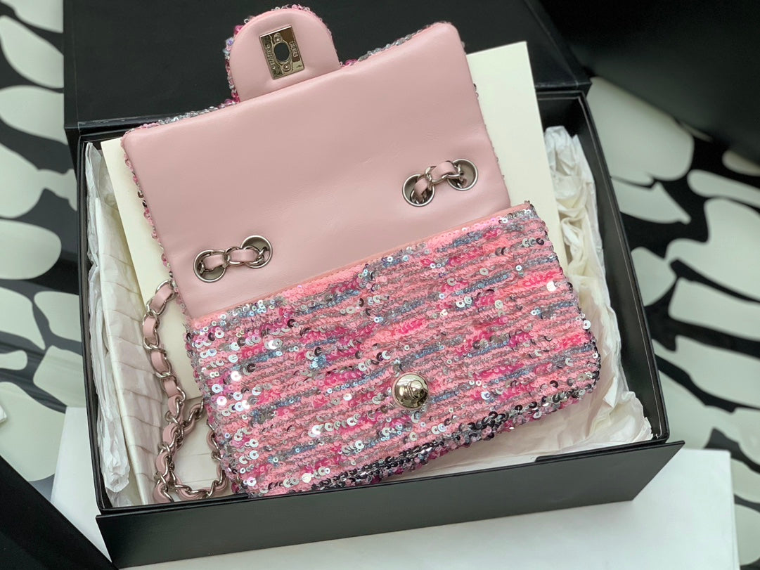 Chanel Pink Tweed Mini Flap Bag with Silver-Tone Hardware