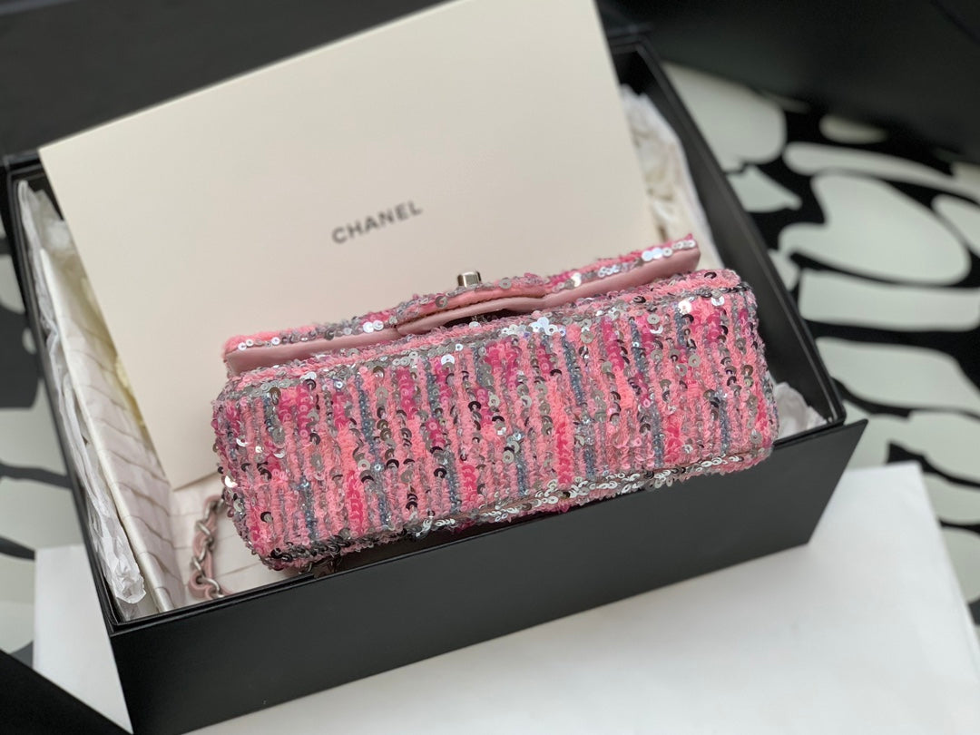 Chanel Pink Tweed Mini Flap Bag with Silver-Tone Hardware