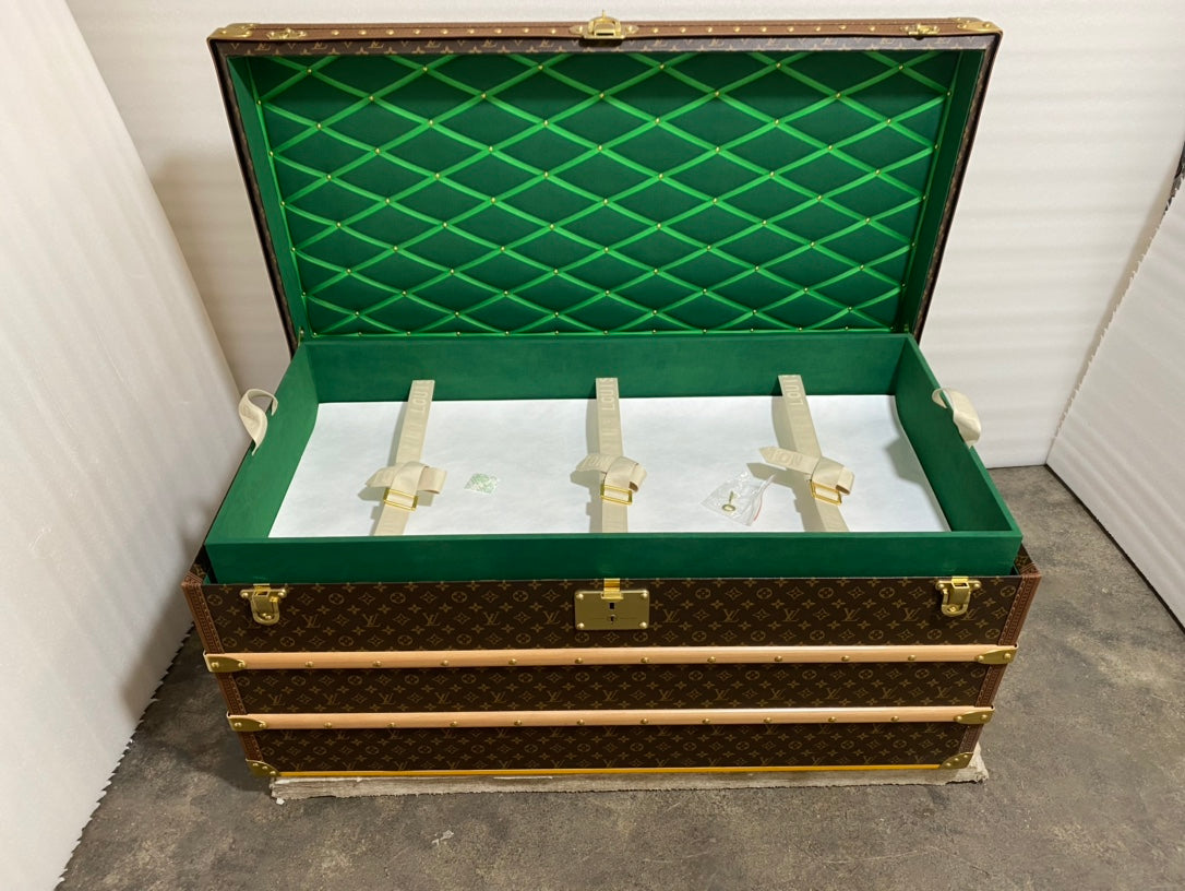 Vintage Monogram Steamer Trunk with Wooden Slats and Brass Hardware