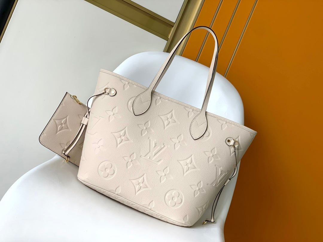 Louis Vuitton Neverfull MM Monogram Empreinte Leather Tote Bag - Beige