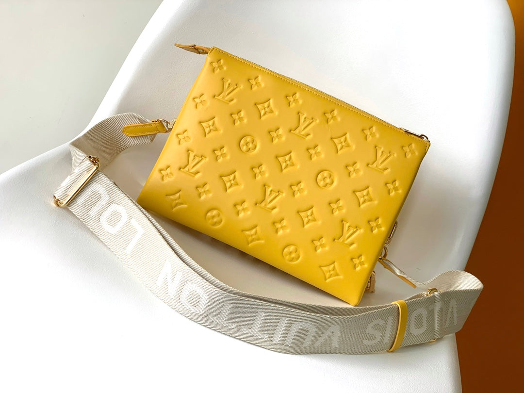 Yellow Quilted Crossbody Bag with Wide Branded Strap and Gold Chain Handle