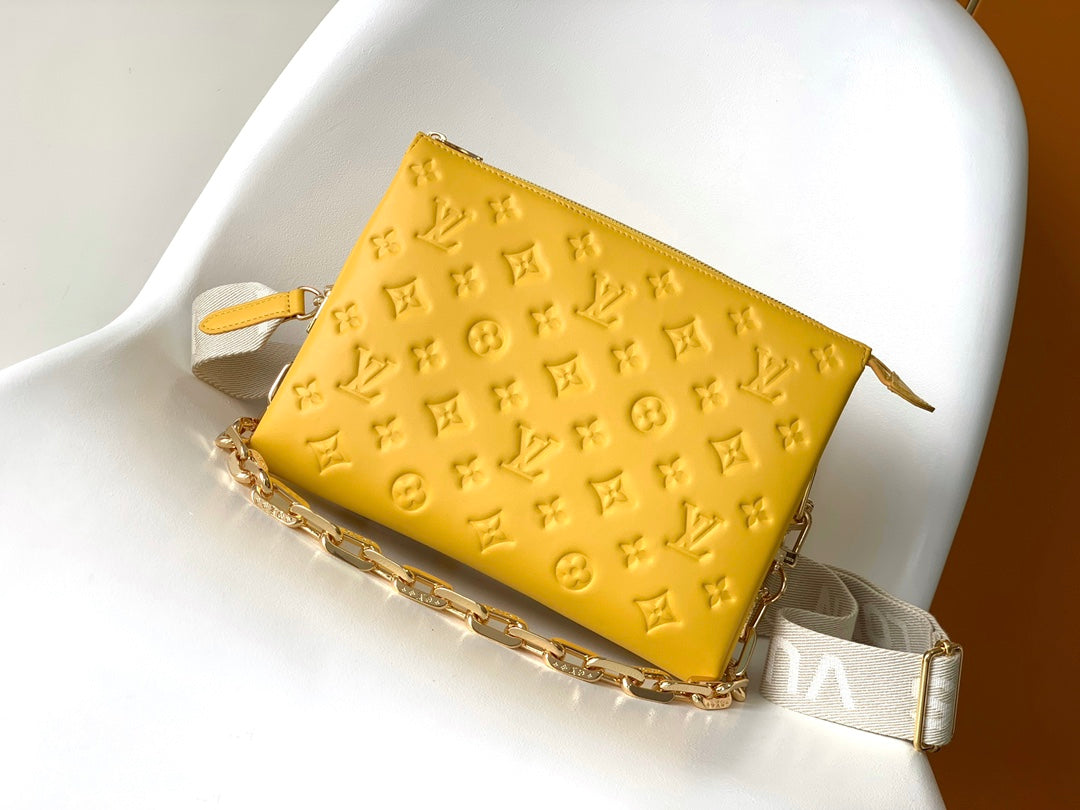 Yellow Quilted Crossbody Bag with Wide Branded Strap and Gold Chain Handle