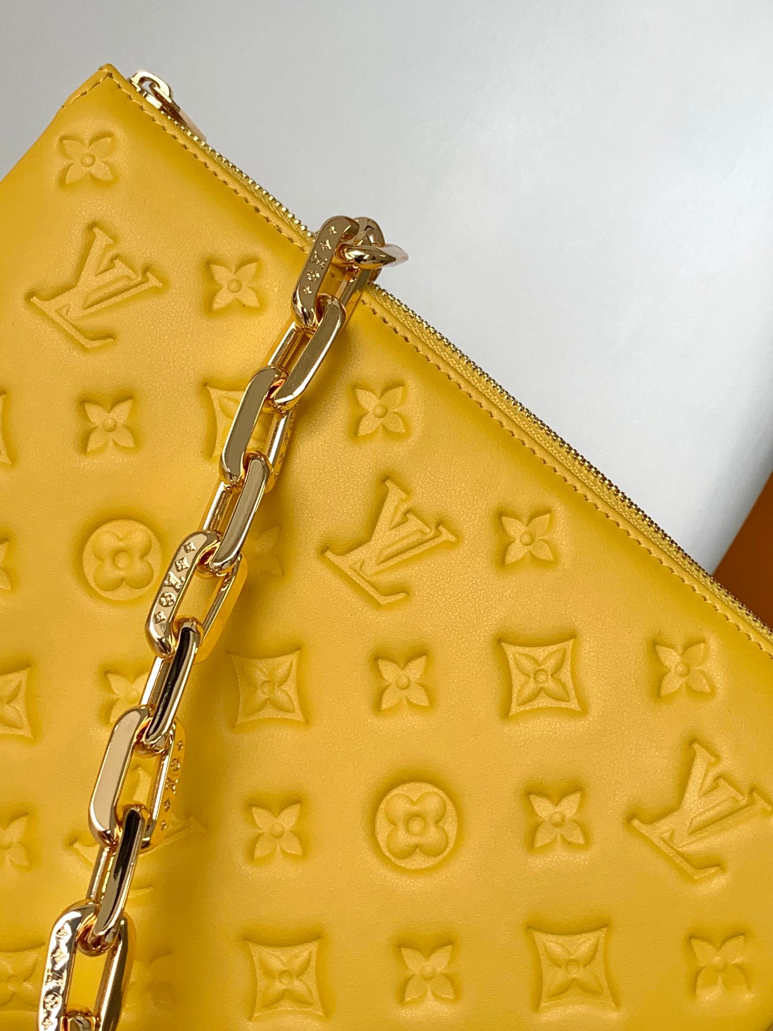 Yellow Quilted Crossbody Bag with Wide Branded Strap and Gold Chain Handle