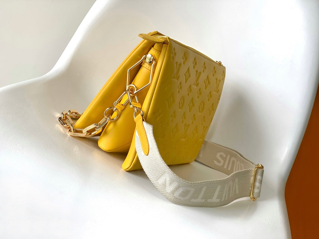 Yellow Quilted Crossbody Bag with Wide Branded Strap and Gold Chain Handle