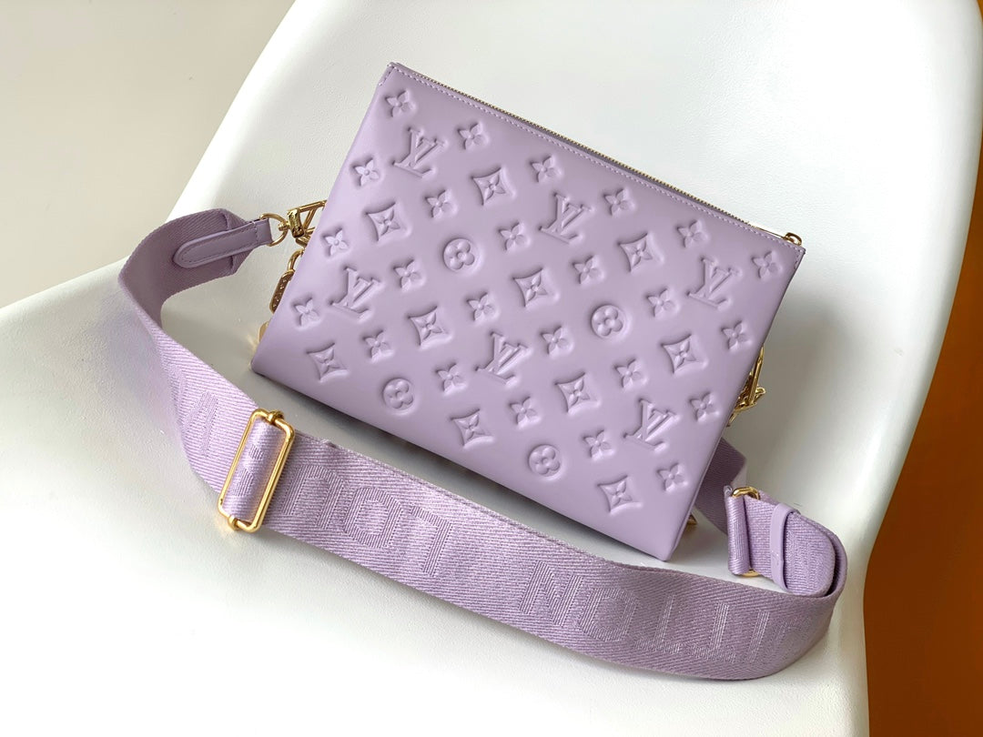 Lavender Embossed Monogram Mini Pouch with Gold Chain Strap