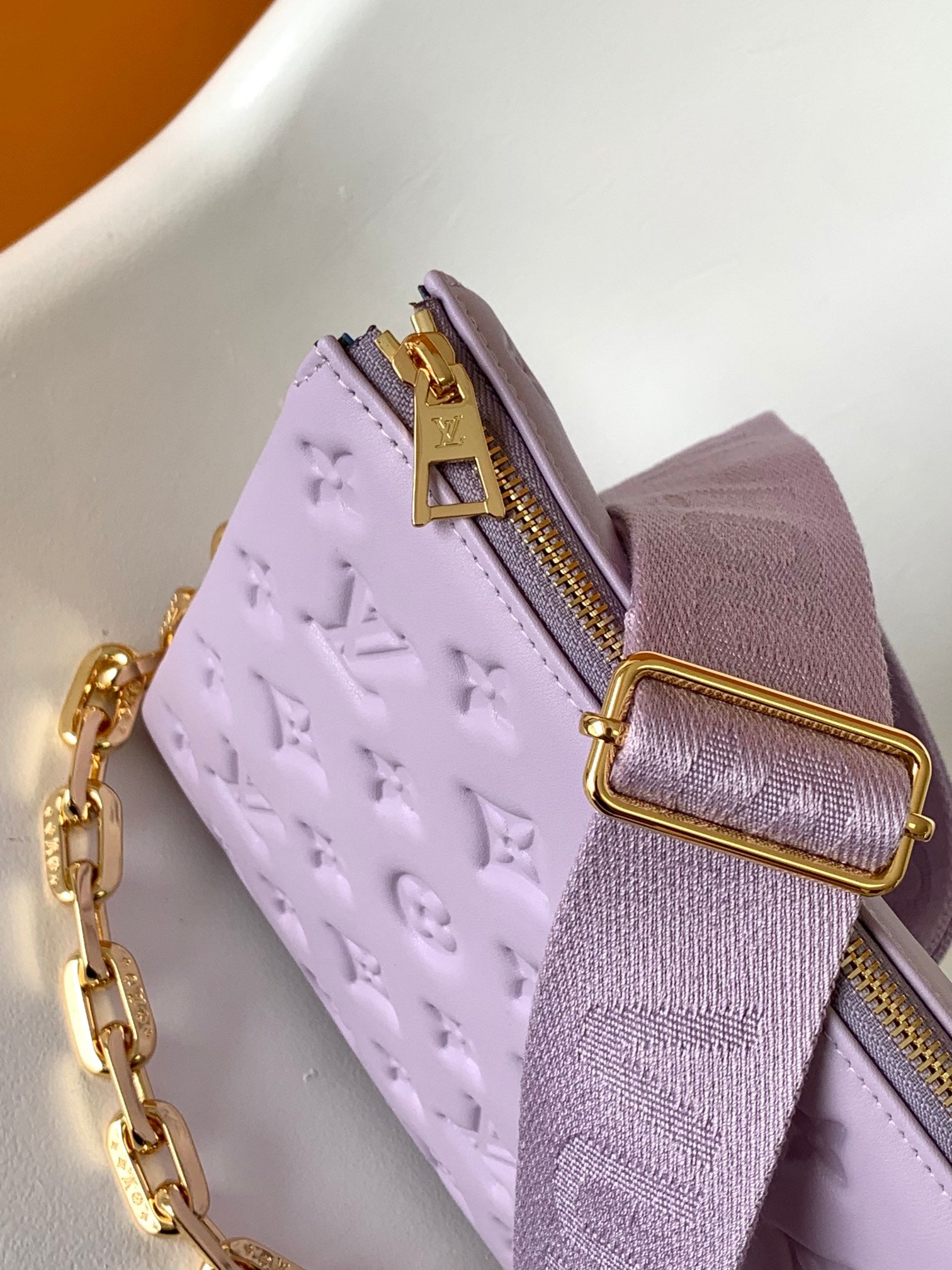 Lavender Embossed Monogram Mini Pouch with Gold Chain Strap