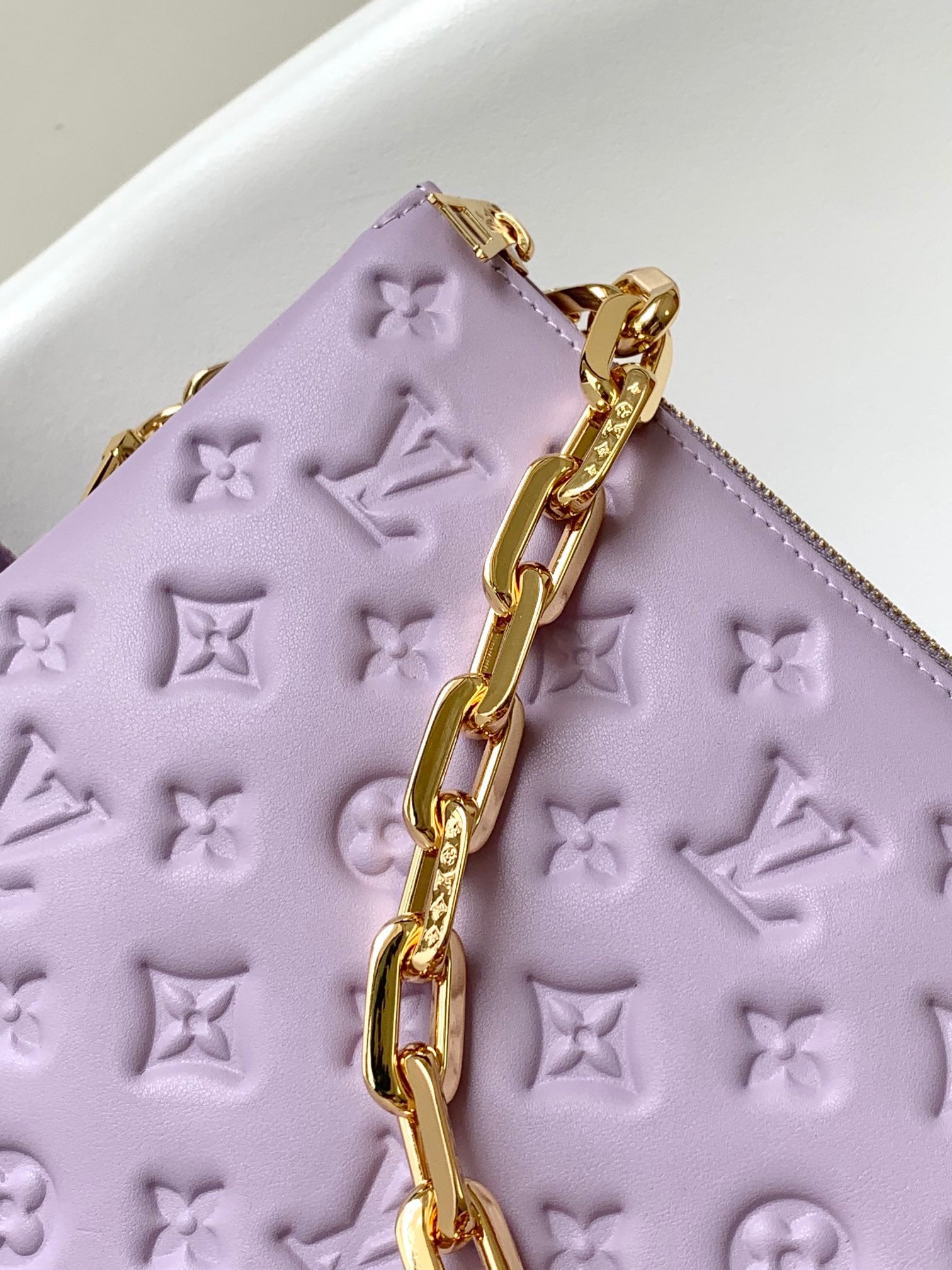Lavender Embossed Monogram Mini Pouch with Gold Chain Strap