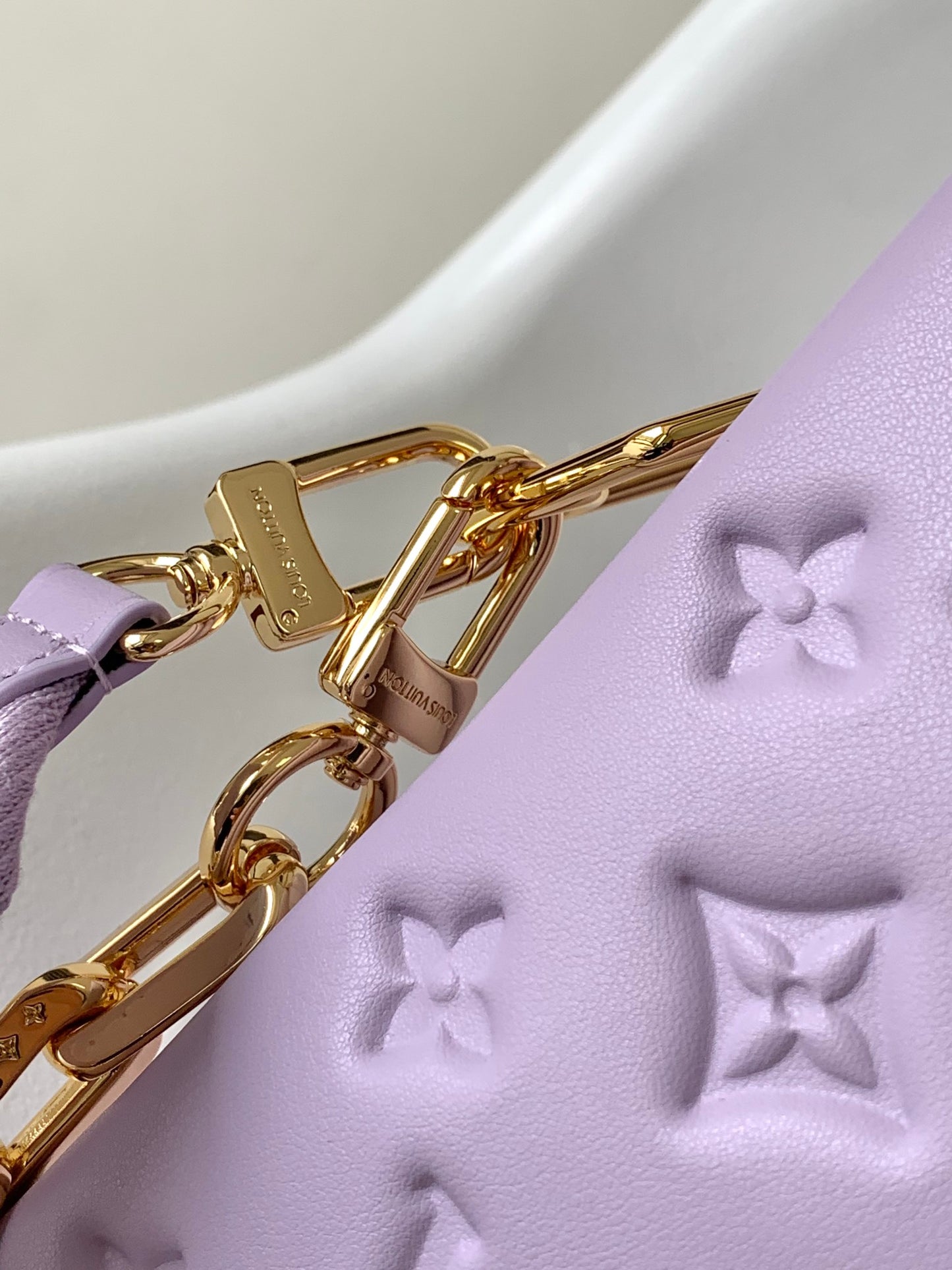 Lavender Embossed Monogram Mini Pouch with Gold Chain Strap