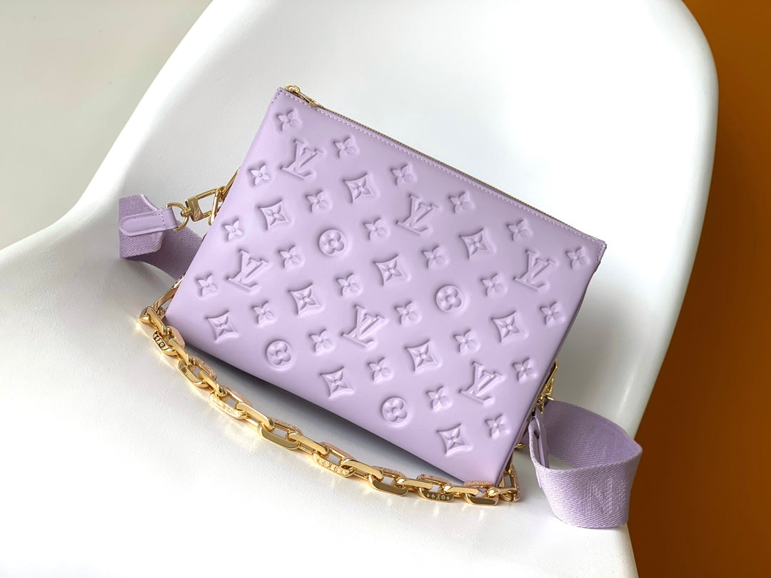 Lavender Embossed Monogram Mini Pouch with Gold Chain Strap