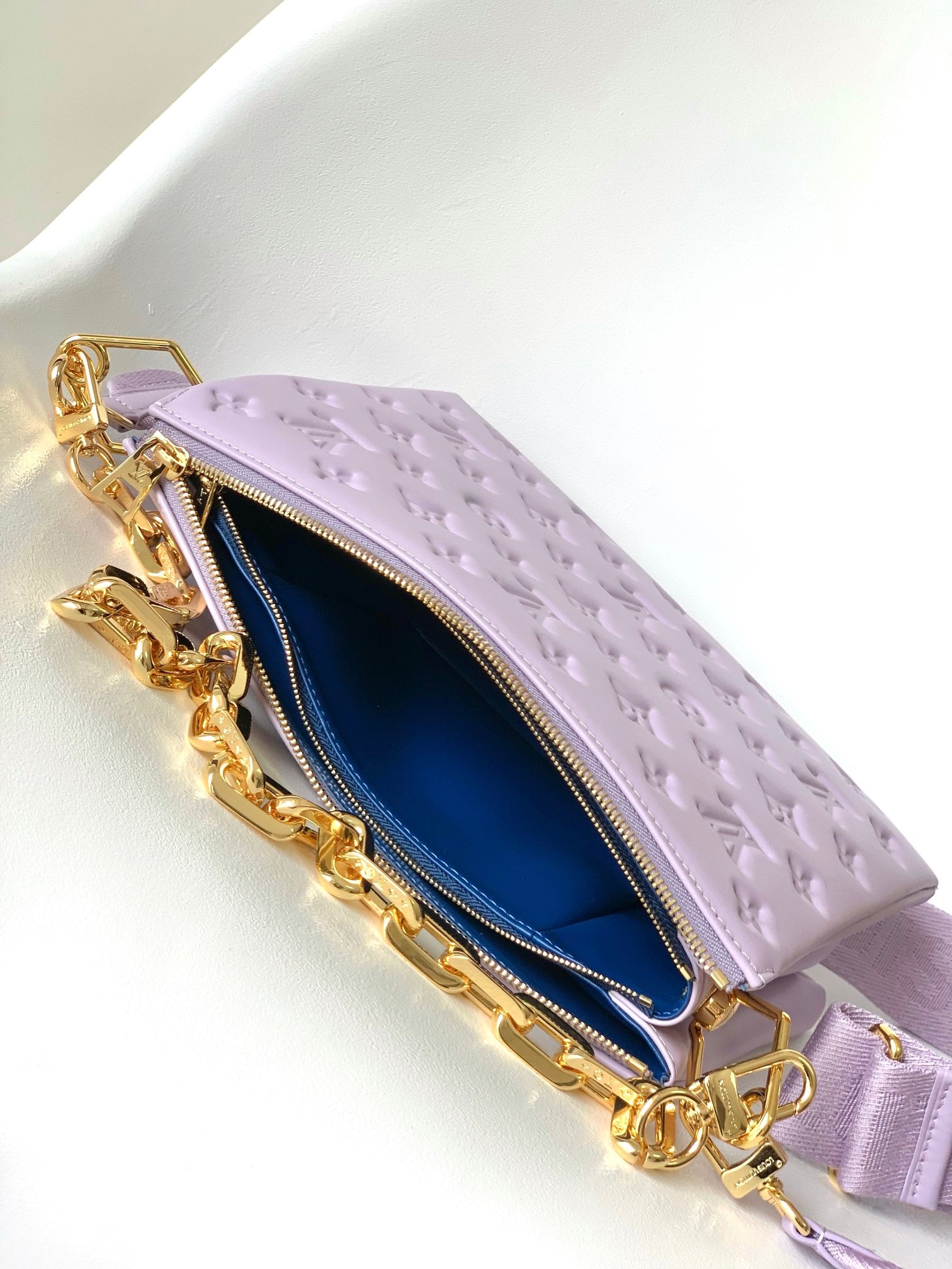 Lavender Embossed Monogram Mini Pouch with Gold Chain Strap