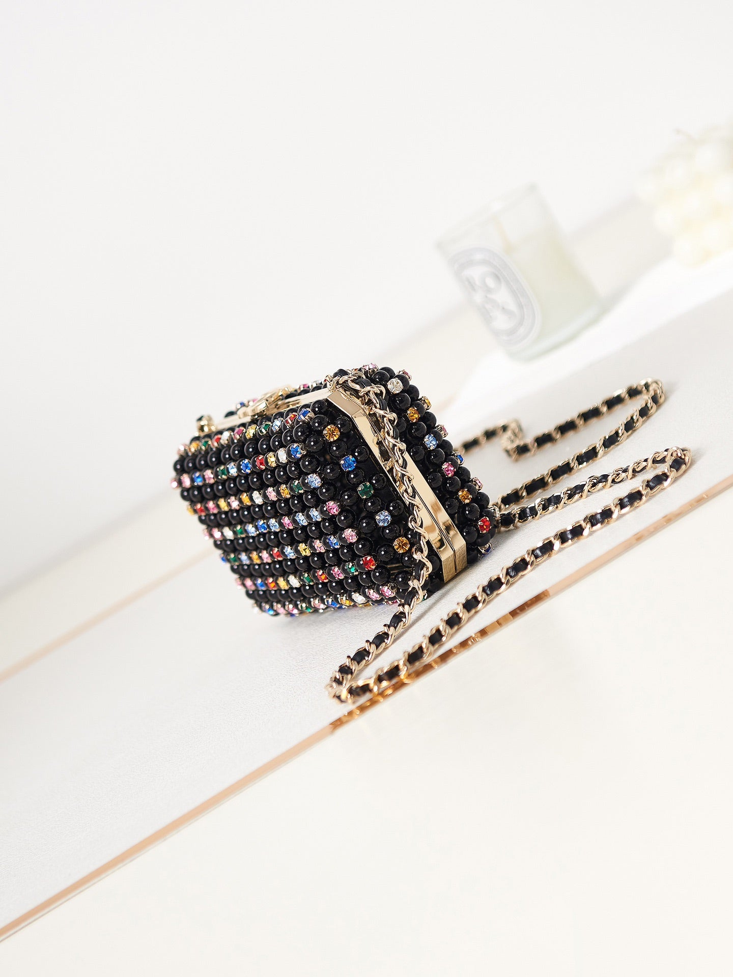 Black Studded Evening Clutch Crossbody Bag with Chain Strap