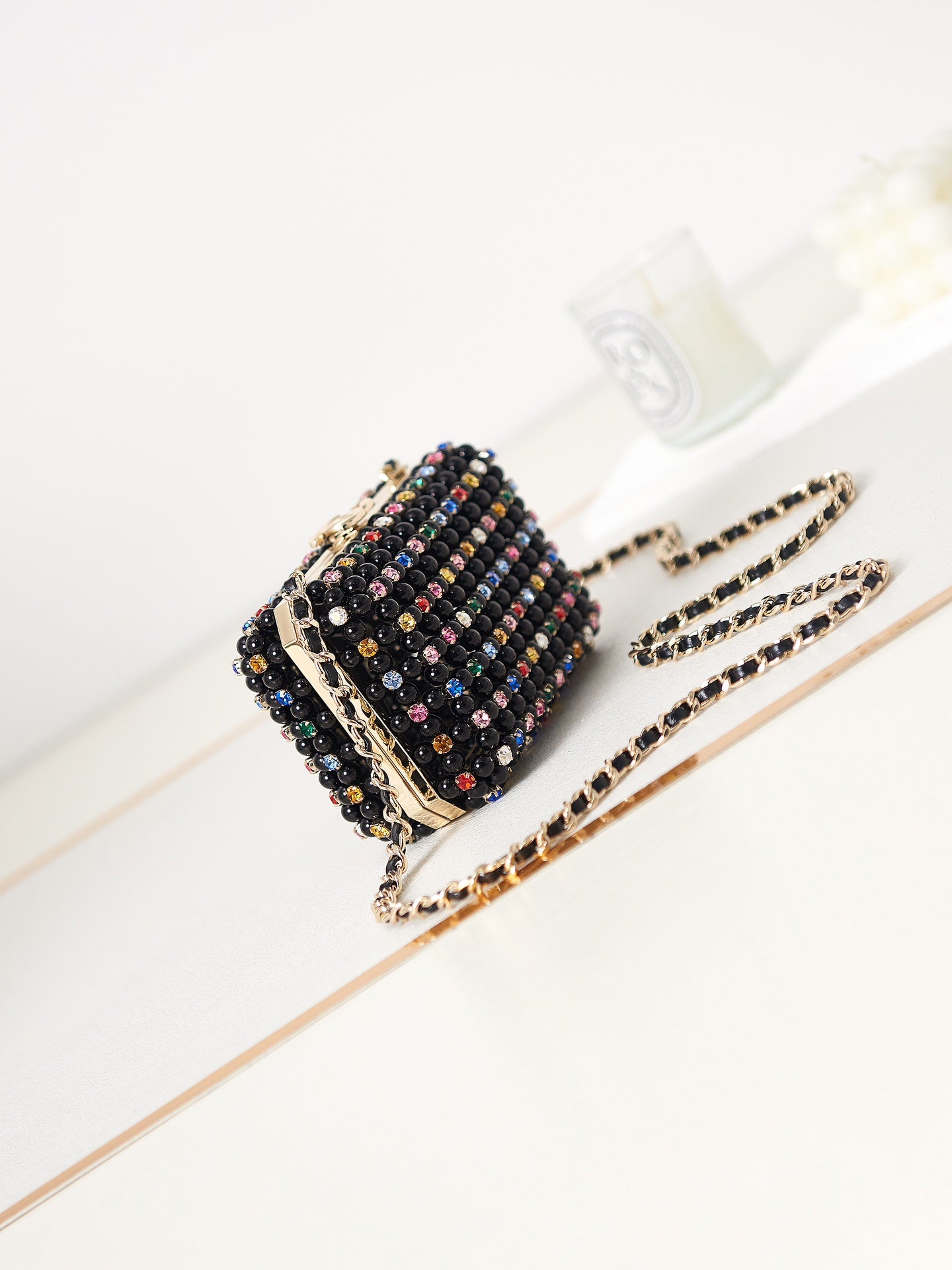 Black Studded Evening Clutch Crossbody Bag with Chain Strap