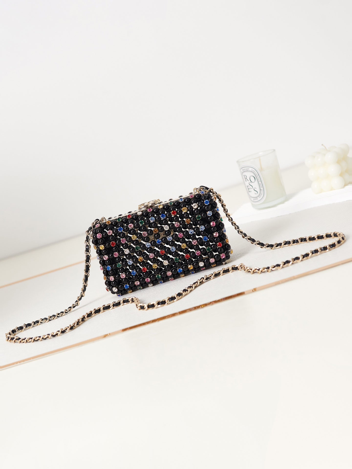 Black Studded Evening Clutch Crossbody Bag with Chain Strap