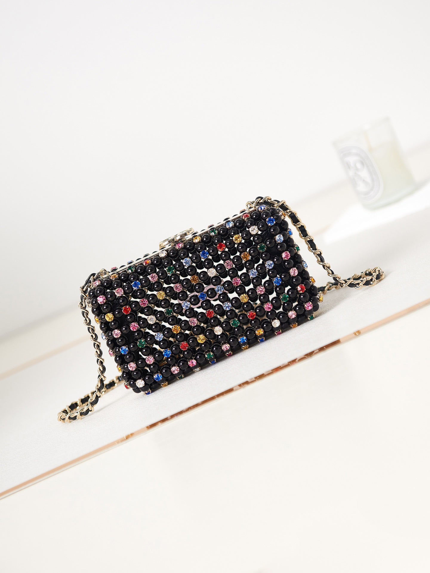 Black Studded Evening Clutch Crossbody Bag with Chain Strap