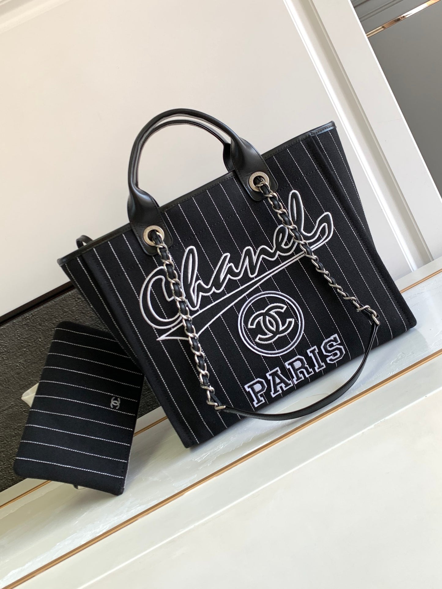 Chanel Striped Canvas Deauville Tote Bag with Pouch - Black/White