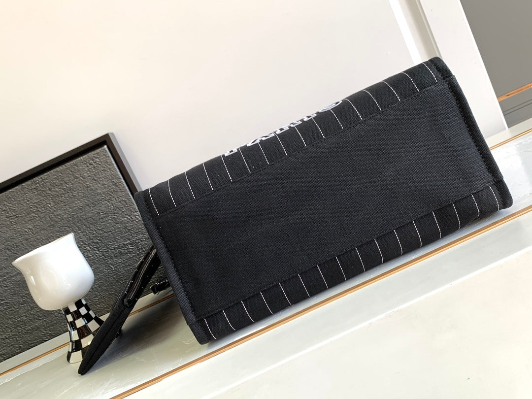 Chanel Striped Canvas Deauville Tote Bag with Pouch - Black/White