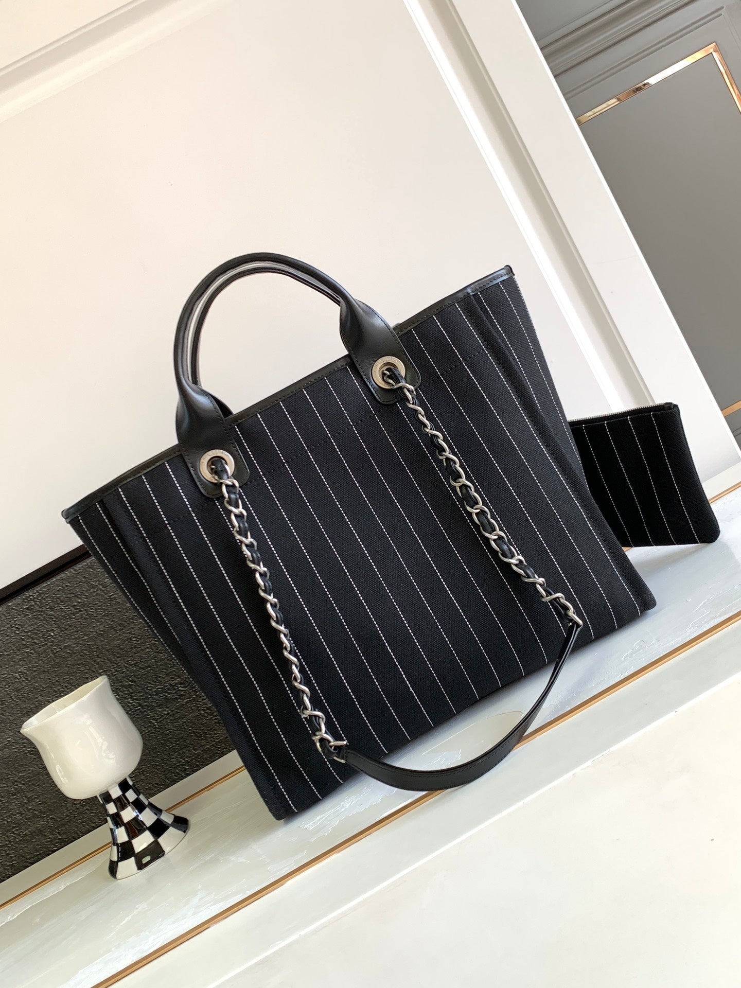 Chanel Striped Canvas Deauville Tote Bag with Pouch - Black/White