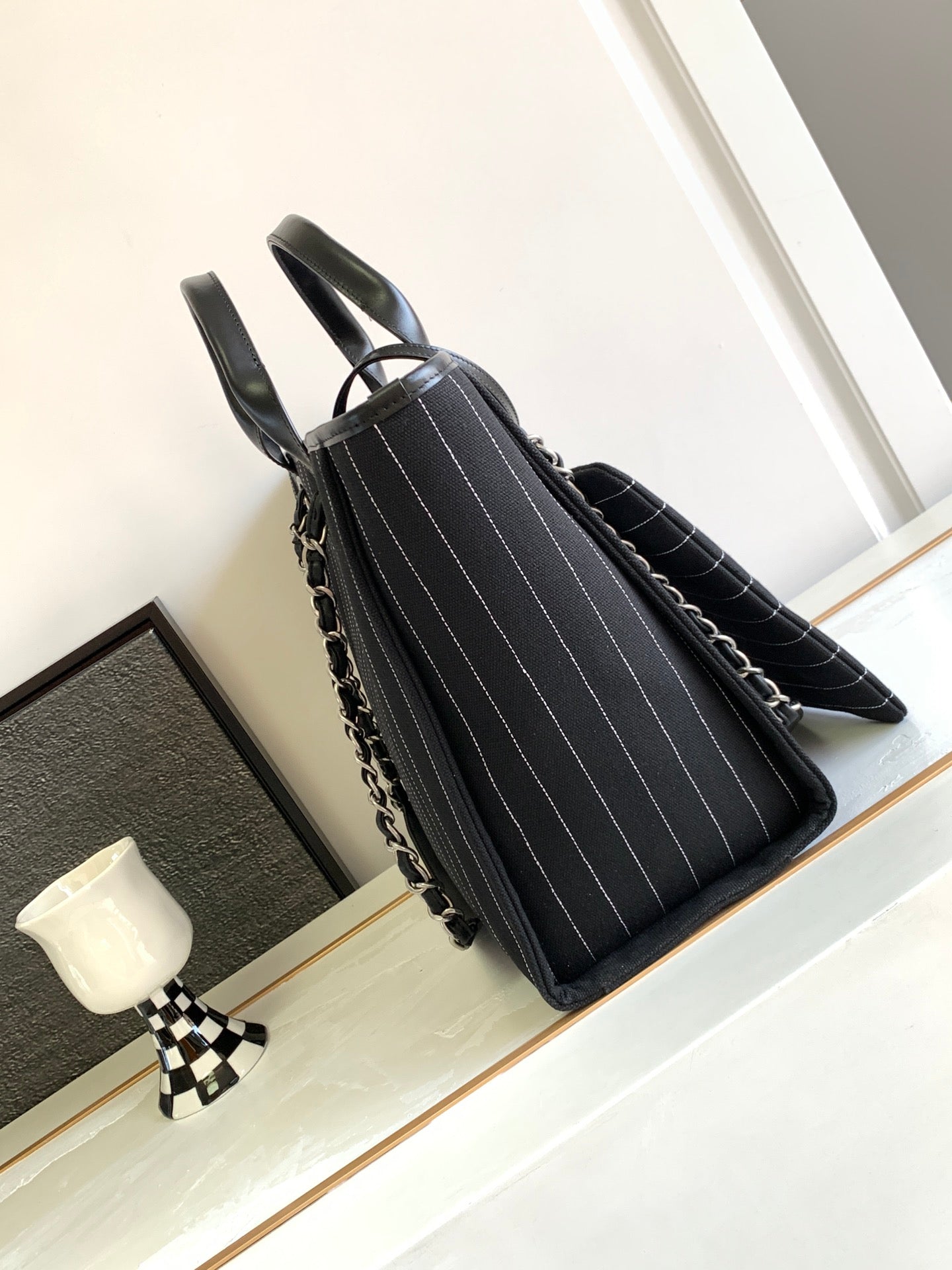 Chanel Striped Canvas Deauville Tote Bag with Pouch - Black/White