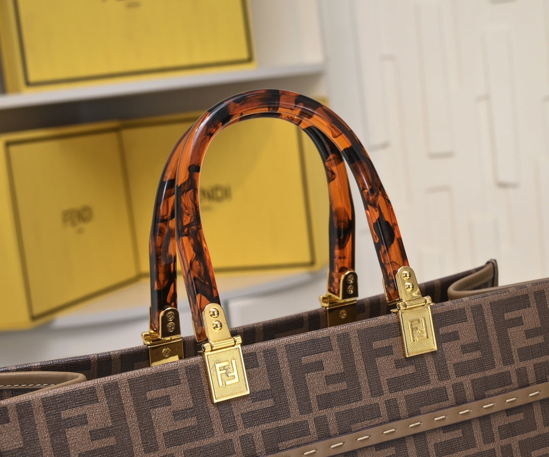 Fendi Sunshine Medium FF Motif Tote Bag - Brown Fabric Roma Shopper