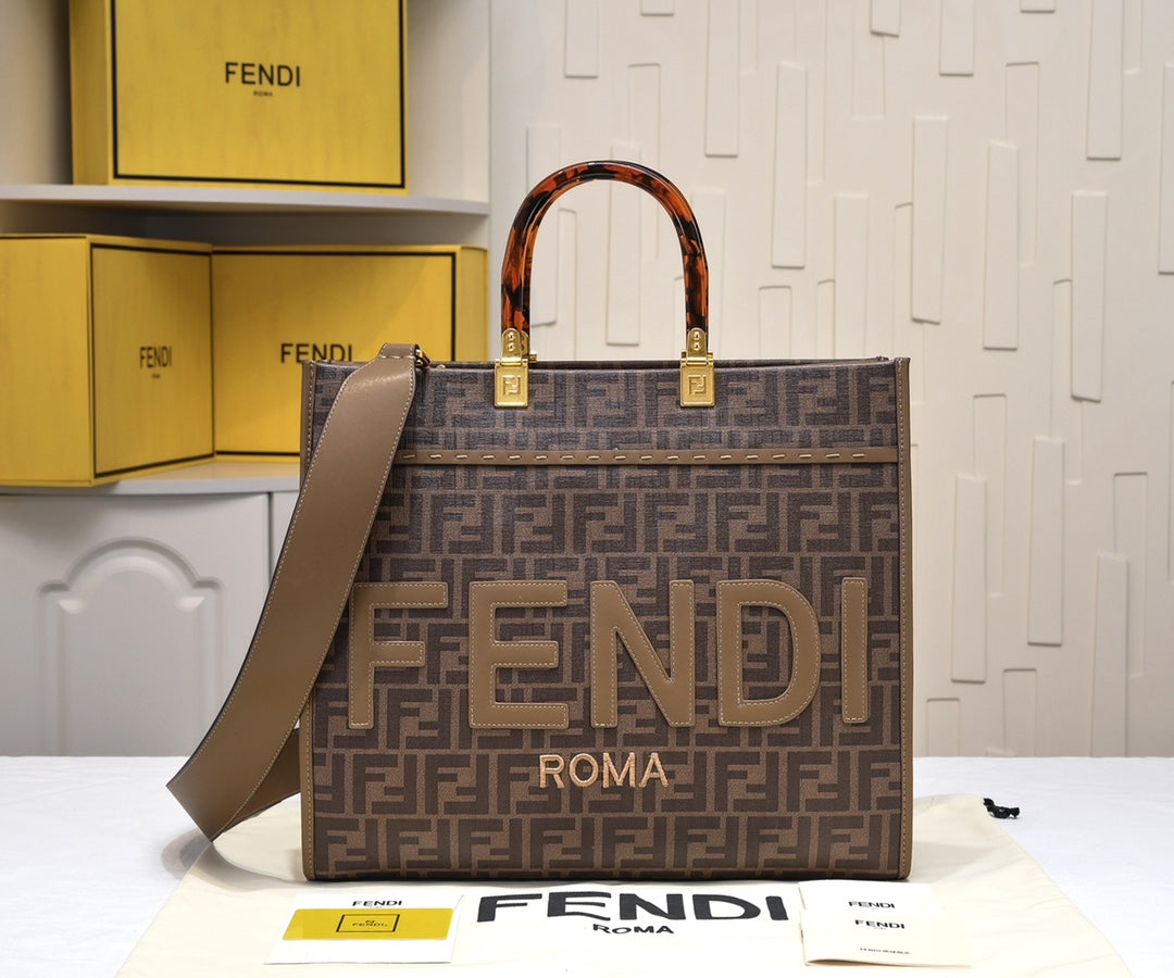 Fendi Sunshine Medium FF Motif Tote Bag - Brown Fabric Roma Shopper