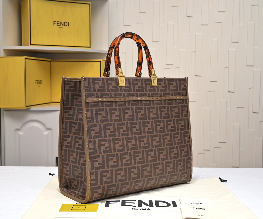 Fendi Sunshine Medium FF Motif Tote Bag - Brown Fabric Roma Shopper