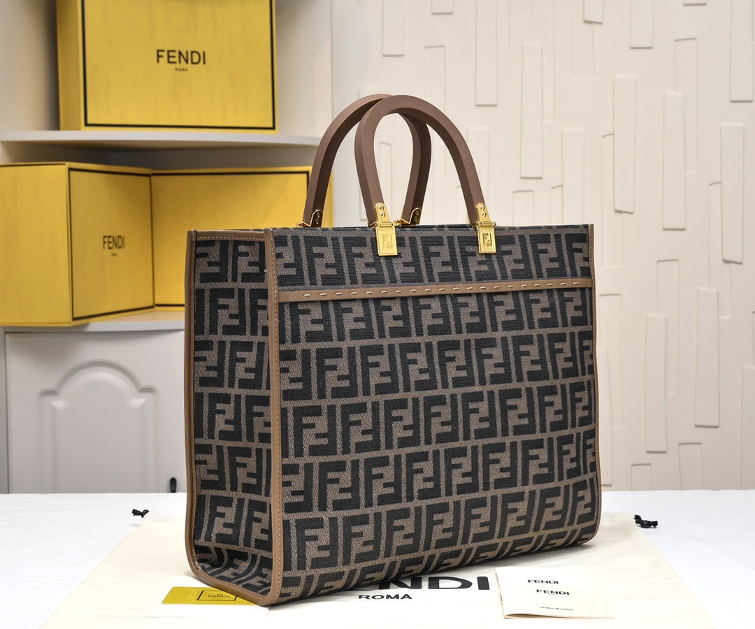 Fendi Sunshine Medium Shopper Bag - Brown FF Fabric with Leather Trim